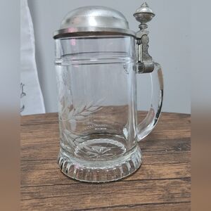 BMF W. Germany Beer Stein Glass Pewter Lid 92% Zinn Hops Barley Design Etched